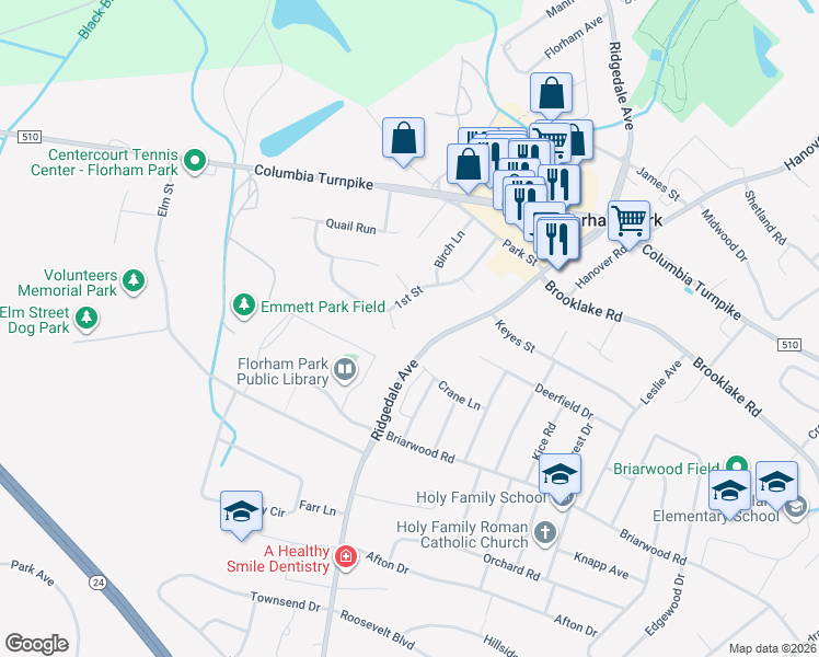 map of restaurants, bars, coffee shops, grocery stores, and more near 4 Genung Court in Florham Park
