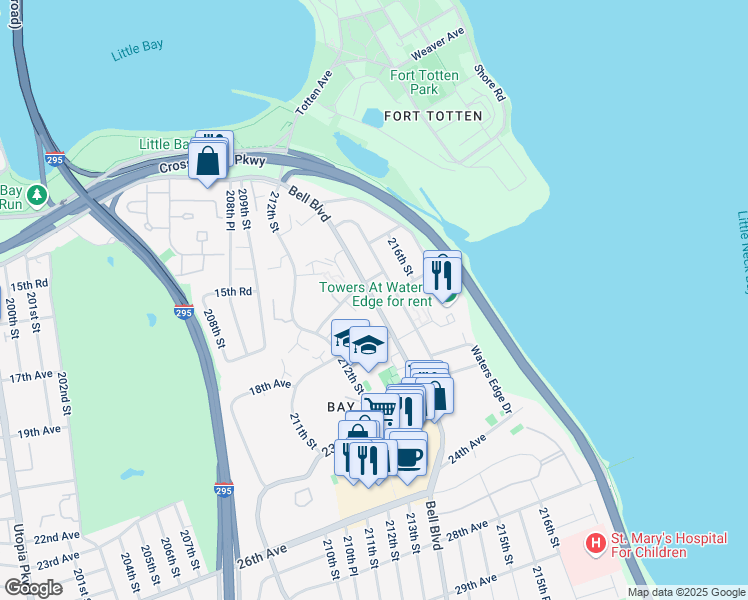 map of restaurants, bars, coffee shops, grocery stores, and more near 212-72 16th Avenue in Queens