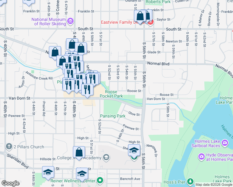 map of restaurants, bars, coffee shops, grocery stores, and more near 5241 Roose Street in Lincoln