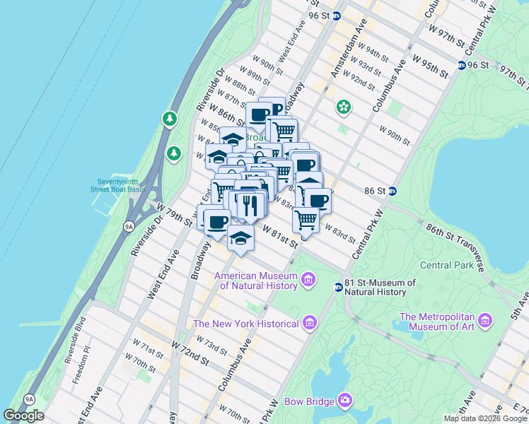 map of restaurants, bars, coffee shops, grocery stores, and more near 454 Amsterdam Avenue in New York