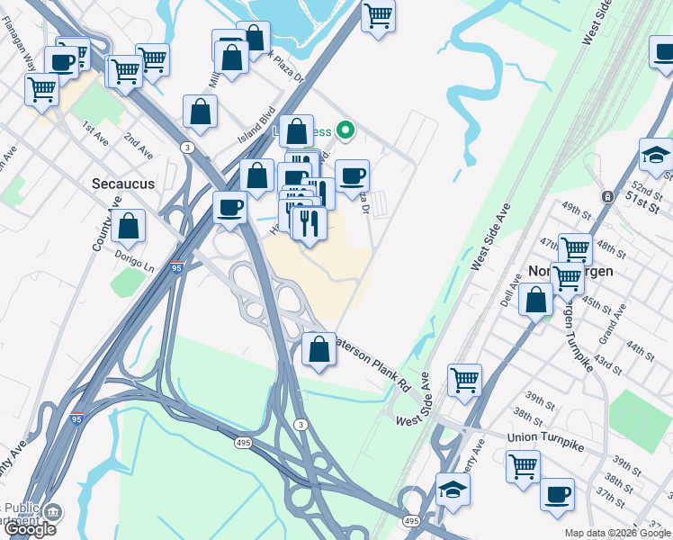 map of restaurants, bars, coffee shops, grocery stores, and more near 100 Plaza Drive in Secaucus