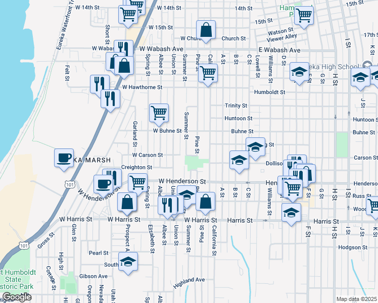 map of restaurants, bars, coffee shops, grocery stores, and more near 2525 Summer Street in Eureka