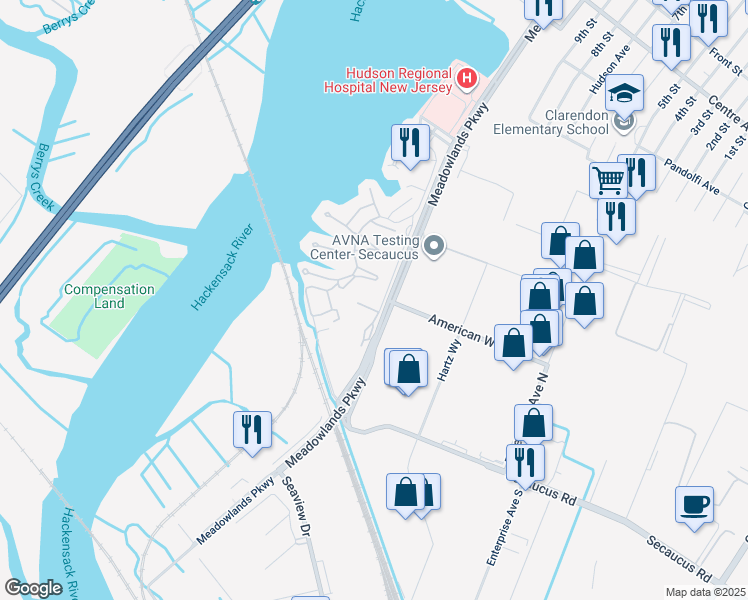 map of restaurants, bars, coffee shops, grocery stores, and more near 625 Sanderling Court in Secaucus