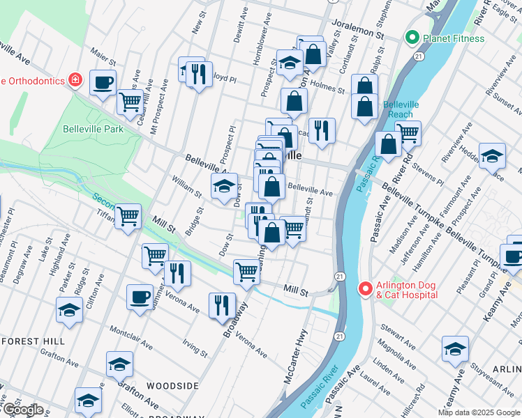 map of restaurants, bars, coffee shops, grocery stores, and more near 100 William Street in Belleville