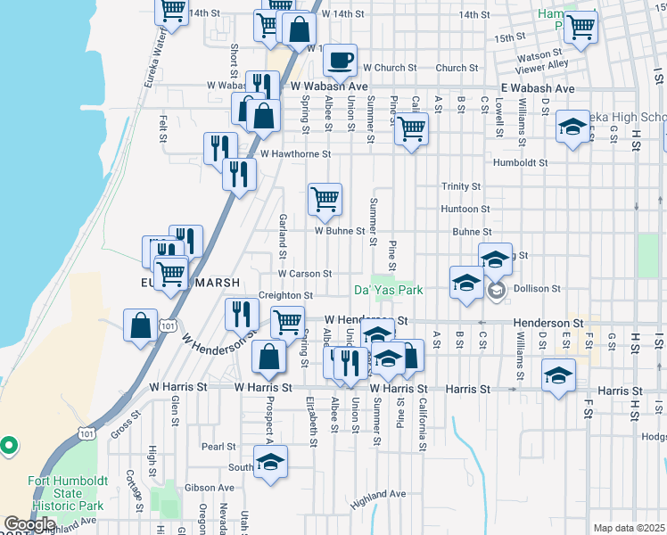 map of restaurants, bars, coffee shops, grocery stores, and more near 2523 Albee Street in Eureka