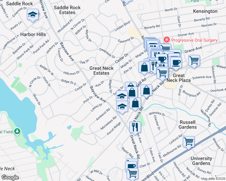 map of restaurants, bars, coffee shops, grocery stores, and more near 94 Maple Drive in Great Neck