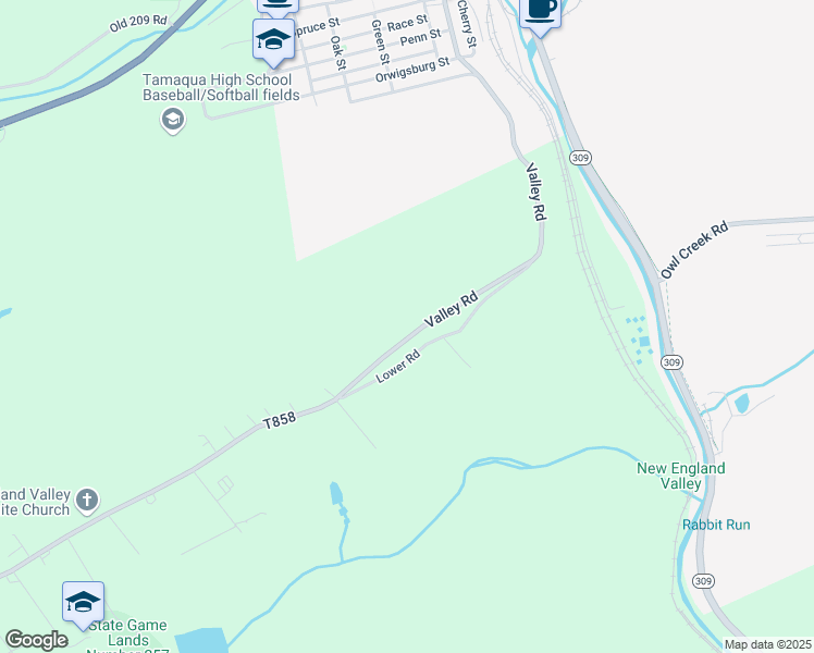 map of restaurants, bars, coffee shops, grocery stores, and more near 1503 Valley Road in Tamaqua