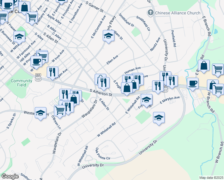 map of restaurants, bars, coffee shops, grocery stores, and more near 1255 Old Boalsburg Road in State College
