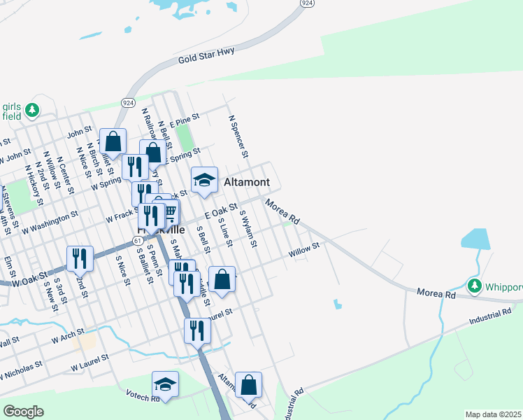 map of restaurants, bars, coffee shops, grocery stores, and more near 124 South Spencer Street in Frackville