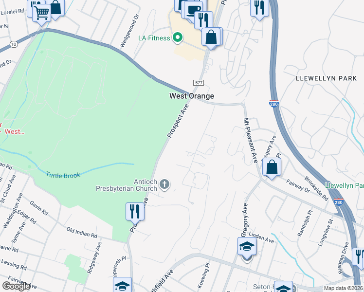 map of restaurants, bars, coffee shops, grocery stores, and more near 27 Ridge Road in West Orange