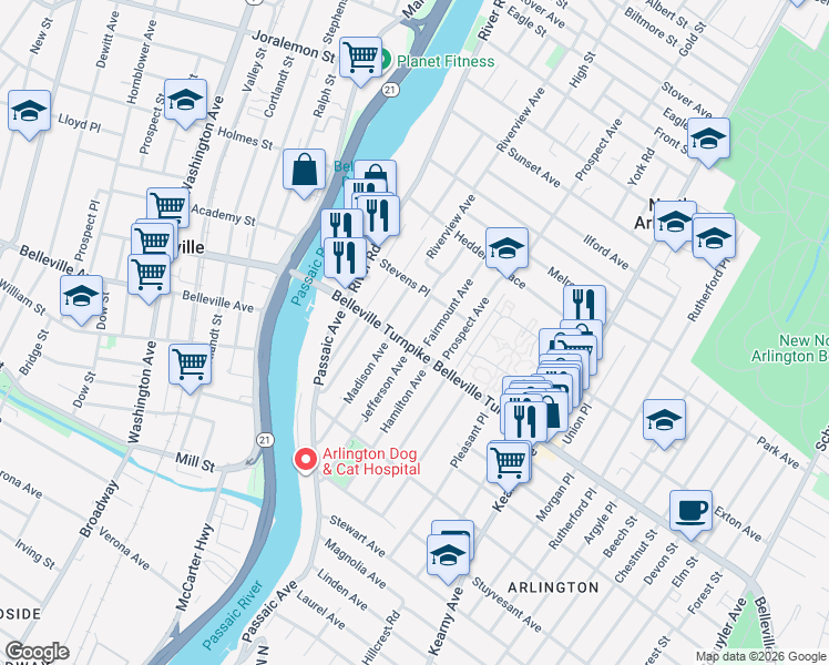 map of restaurants, bars, coffee shops, grocery stores, and more near 14 William Street in North Arlington