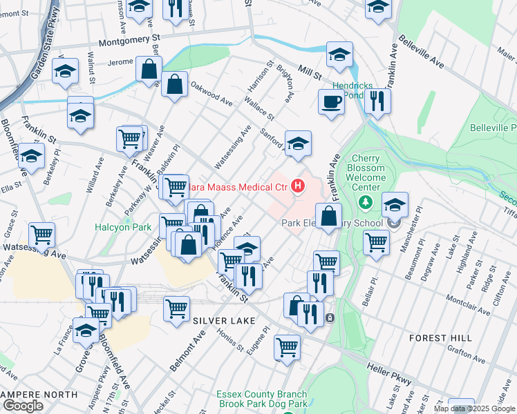 map of restaurants, bars, coffee shops, grocery stores, and more near 77 Newark Ave in Belleville
