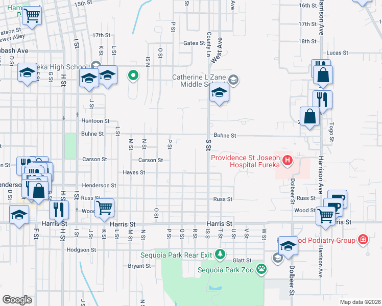 map of restaurants, bars, coffee shops, grocery stores, and more near 2516 R Street in Eureka