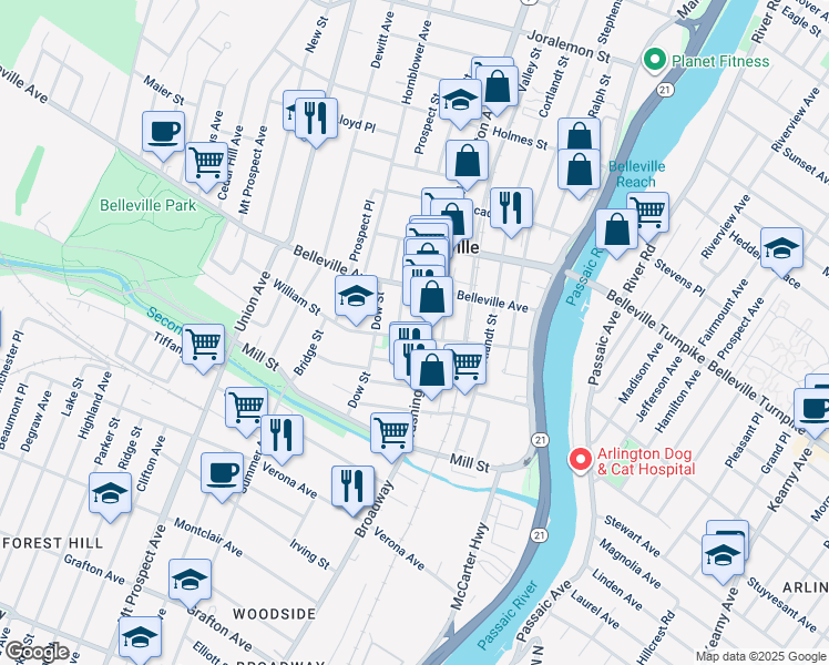 map of restaurants, bars, coffee shops, grocery stores, and more near 100 William Street in Belleville