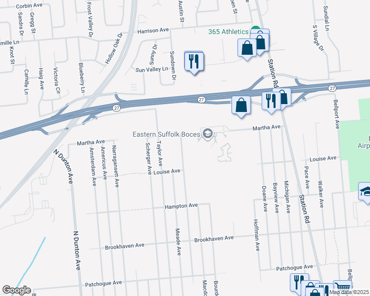 map of restaurants, bars, coffee shops, grocery stores, and more near 941 Provost Avenue in Bellport