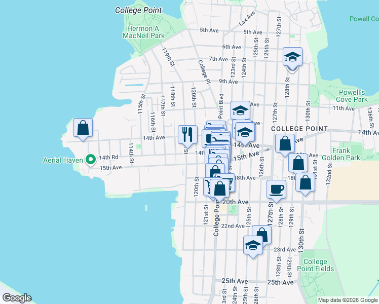 map of restaurants, bars, coffee shops, grocery stores, and more near 119-11 14th Road in Queens