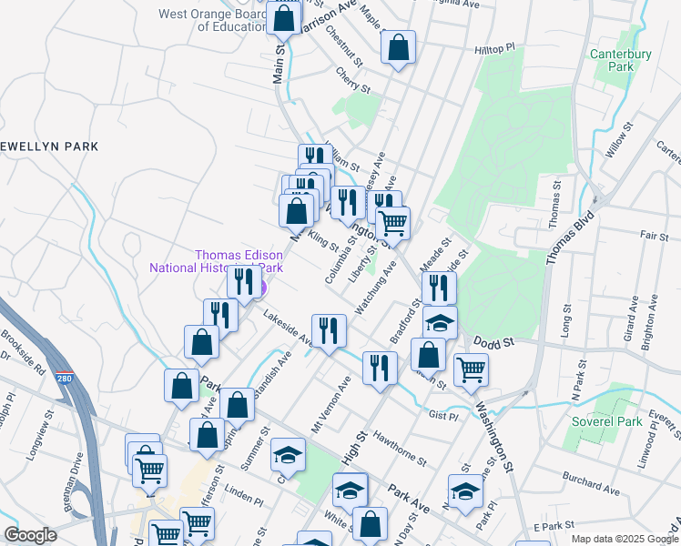 map of restaurants, bars, coffee shops, grocery stores, and more near 48 Columbia Street in West Orange
