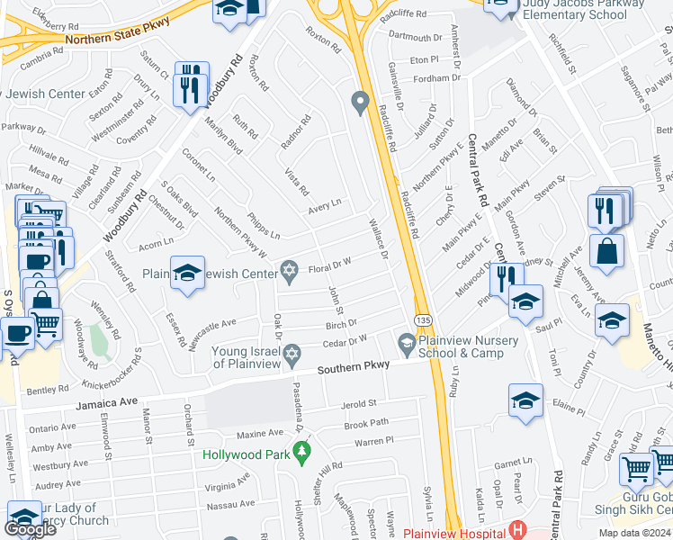 map of restaurants, bars, coffee shops, grocery stores, and more near 73 Floral Drive West in Plainview