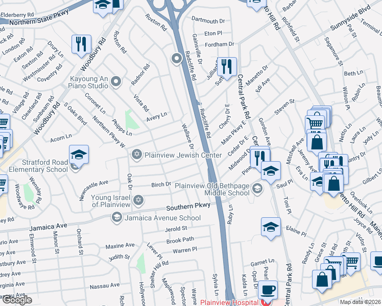map of restaurants, bars, coffee shops, grocery stores, and more near 72 Cherry Drive West in Plainview