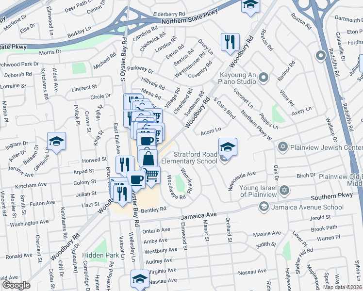 map of restaurants, bars, coffee shops, grocery stores, and more near 6 East Gate in Plainview