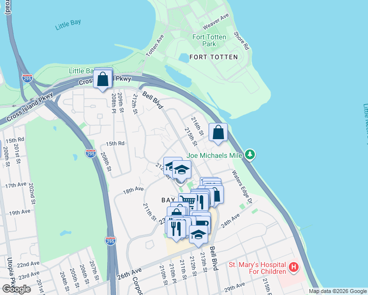 map of restaurants, bars, coffee shops, grocery stores, and more near 212-72 16th Avenue in Queens