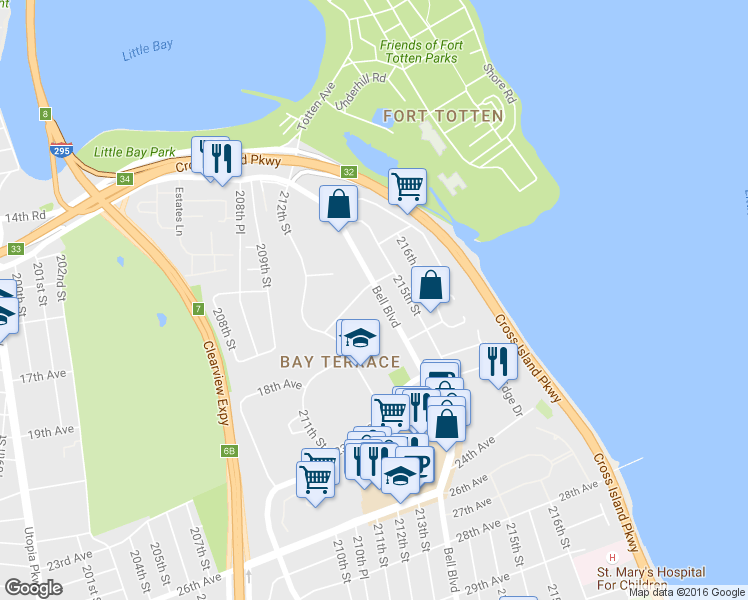 map of restaurants, bars, coffee shops, grocery stores, and more near 212-72 16th Avenue in Queens