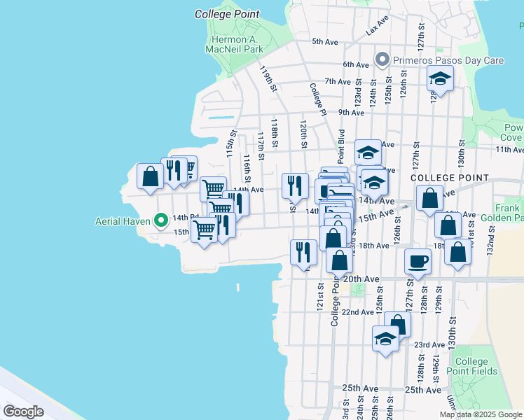 map of restaurants, bars, coffee shops, grocery stores, and more near 14-27 116th Street in Queens