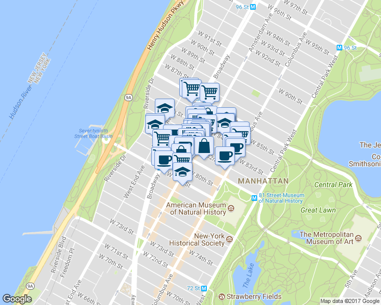 map of restaurants, bars, coffee shops, grocery stores, and more near 454 Amsterdam Avenue in New York