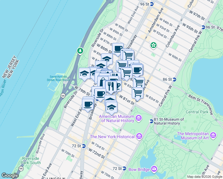 map of restaurants, bars, coffee shops, grocery stores, and more near 234 West 81st Street in New York
