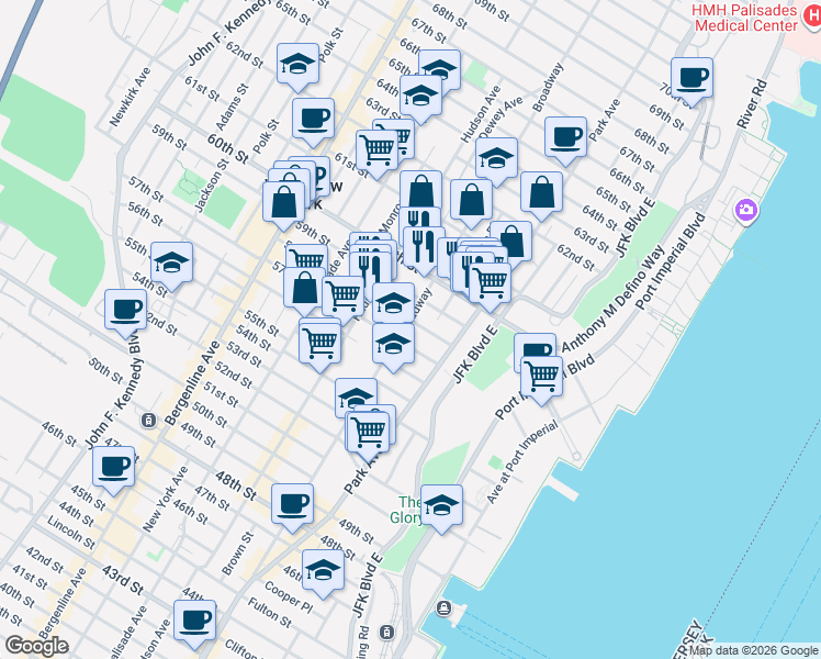 map of restaurants, bars, coffee shops, grocery stores, and more near 126 58th Street in West New York