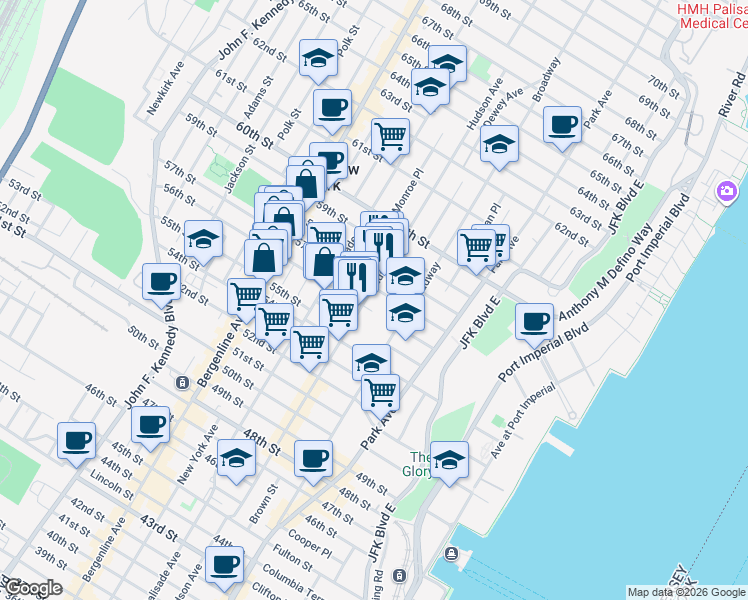 map of restaurants, bars, coffee shops, grocery stores, and more near 5607 Hudson Avenue in West New York