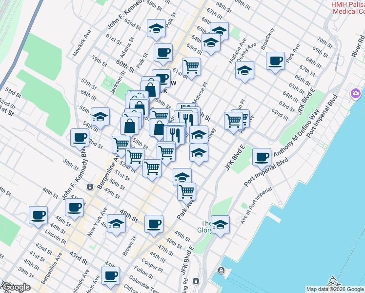 map of restaurants, bars, coffee shops, grocery stores, and more near 5607 Hudson Avenue in West New York