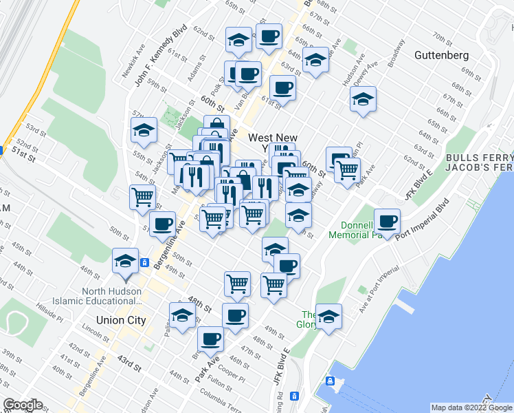map of restaurants, bars, coffee shops, grocery stores, and more near 5500 Palisade Avenue in West New York