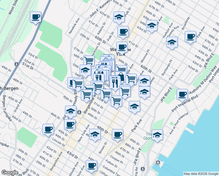 map of restaurants, bars, coffee shops, grocery stores, and more near 417 54th Street in West New York