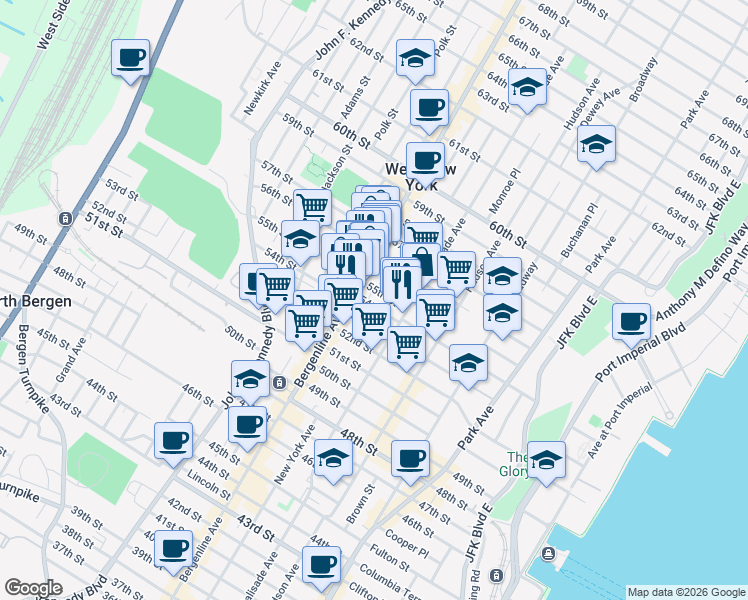 map of restaurants, bars, coffee shops, grocery stores, and more near 417 54th Street in West New York