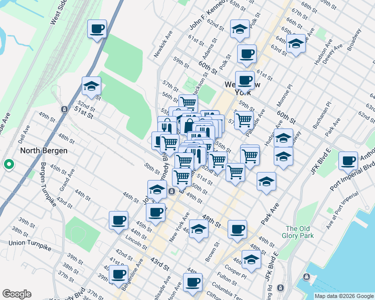 map of restaurants, bars, coffee shops, grocery stores, and more near 508 52nd Street in West New York