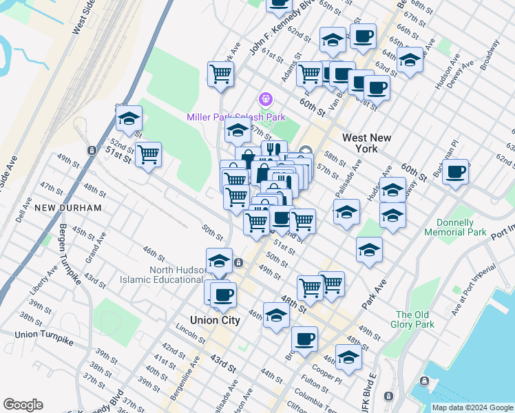 map of restaurants, bars, coffee shops, grocery stores, and more near 508 52nd Street in West New York