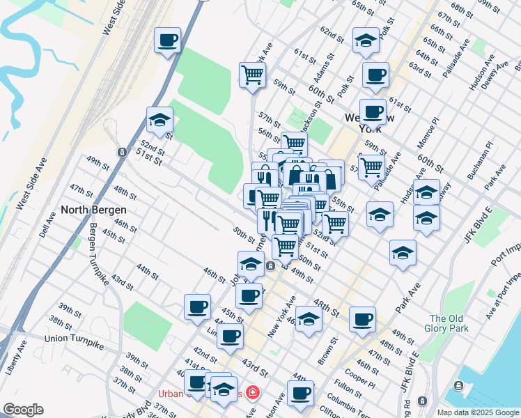map of restaurants, bars, coffee shops, grocery stores, and more near 5201 John F. Kennedy Boulevard in North Bergen