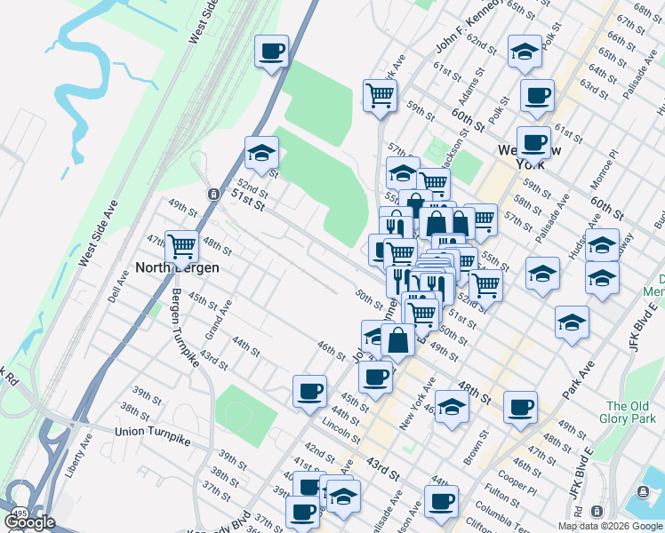map of restaurants, bars, coffee shops, grocery stores, and more near 1153 51st Street in North Bergen