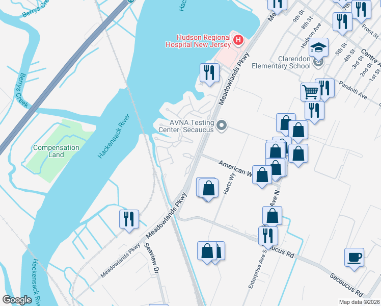 map of restaurants, bars, coffee shops, grocery stores, and more near 625 Sanderling Court in Secaucus