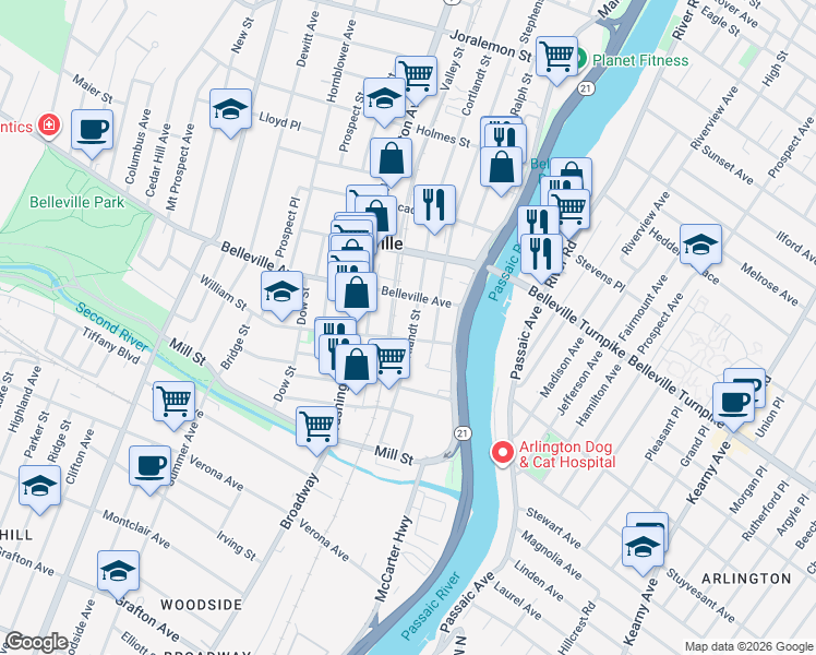 map of restaurants, bars, coffee shops, grocery stores, and more near 112 Cortlandt Street in Belleville