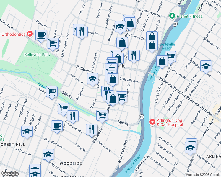map of restaurants, bars, coffee shops, grocery stores, and more near 100 William Street in Belleville