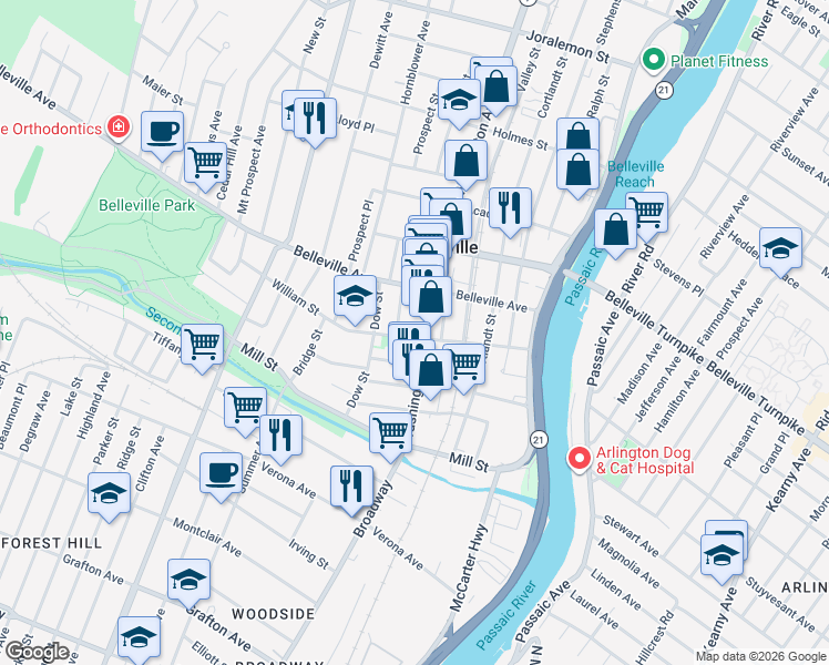 map of restaurants, bars, coffee shops, grocery stores, and more near 100 William Street in Belleville