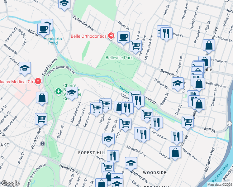 map of restaurants, bars, coffee shops, grocery stores, and more near 71 Tiffany Boulevard in Newark