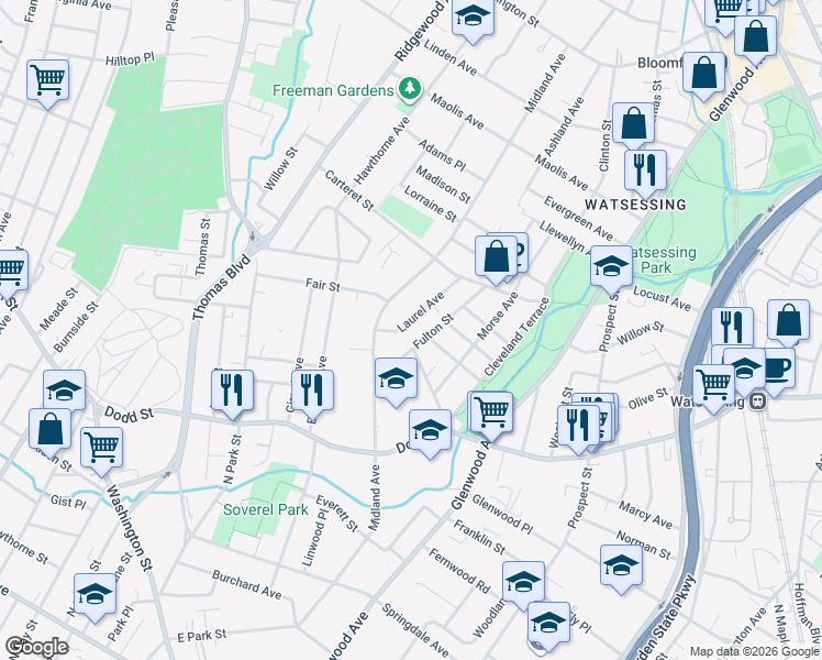 map of restaurants, bars, coffee shops, grocery stores, and more near 28 Laurel Avenue in East Orange
