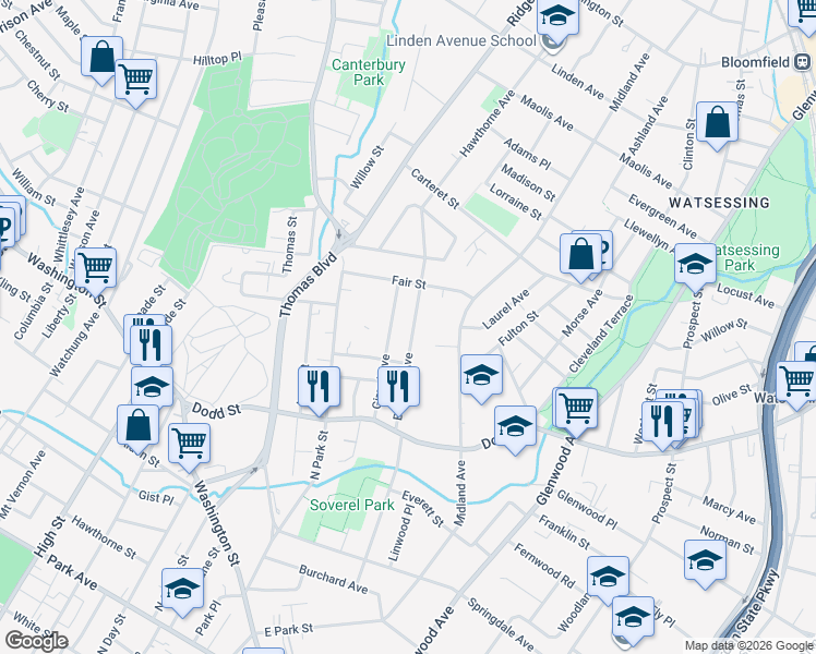 map of restaurants, bars, coffee shops, grocery stores, and more near 237 Brighton Avenue in East Orange