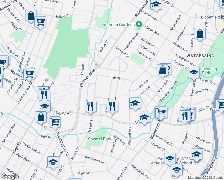 map of restaurants, bars, coffee shops, grocery stores, and more near 237 Brighton Avenue in East Orange