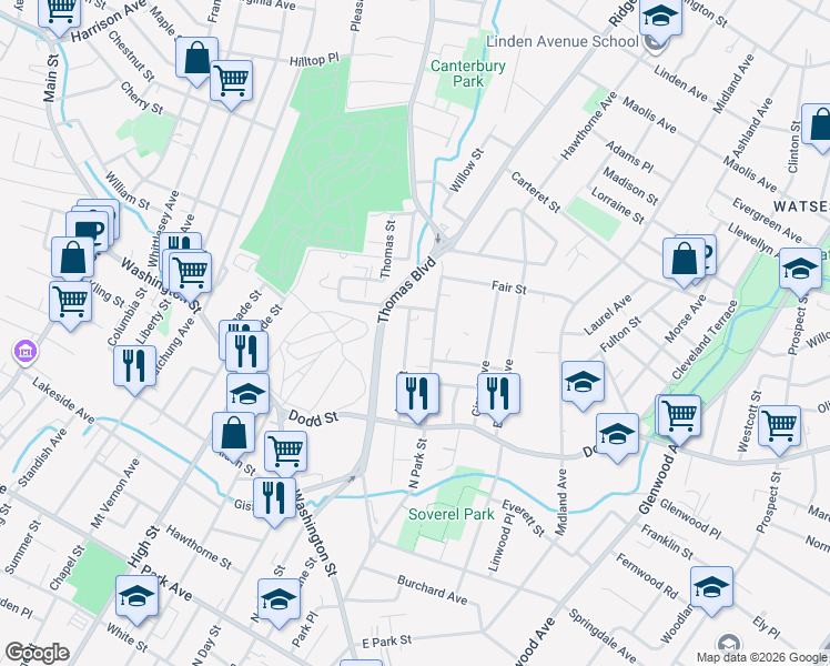 map of restaurants, bars, coffee shops, grocery stores, and more near 255 North Park Street in East Orange