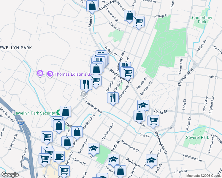 map of restaurants, bars, coffee shops, grocery stores, and more near in West Orange