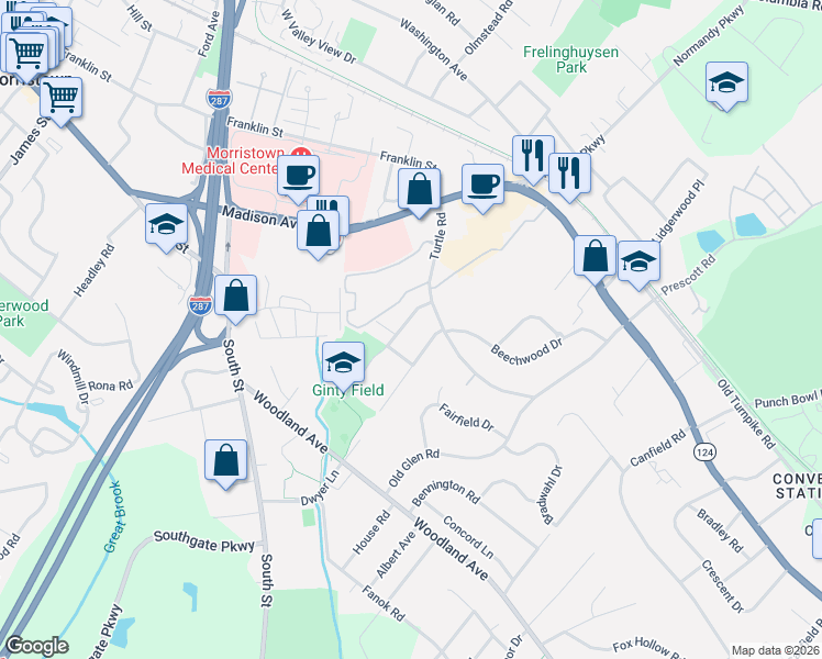 map of restaurants, bars, coffee shops, grocery stores, and more near 6 Johnston Drive in Morristown
